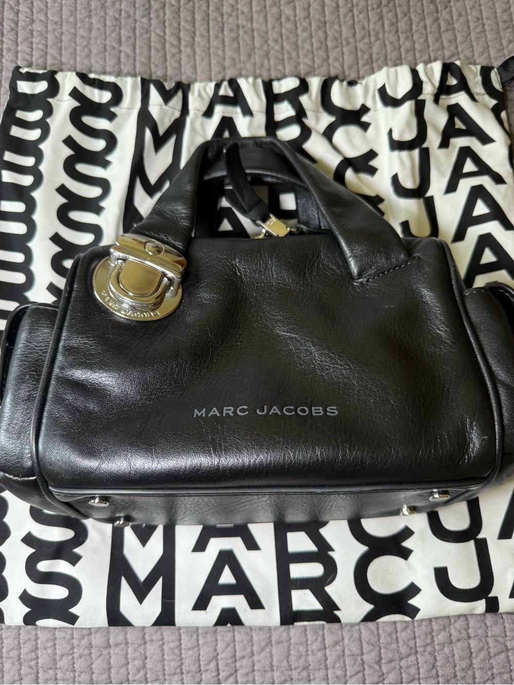 Marc Jacobs Black Leather Top-Handle Satchel with Silver Hardware